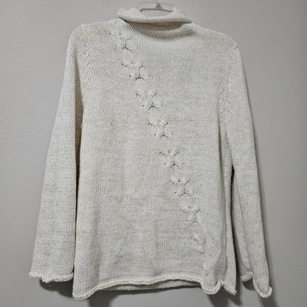 Coldwater Creek Cream Gold Metallic Cable Knit Turtleneck‎ Sweater Rabbit Hair M